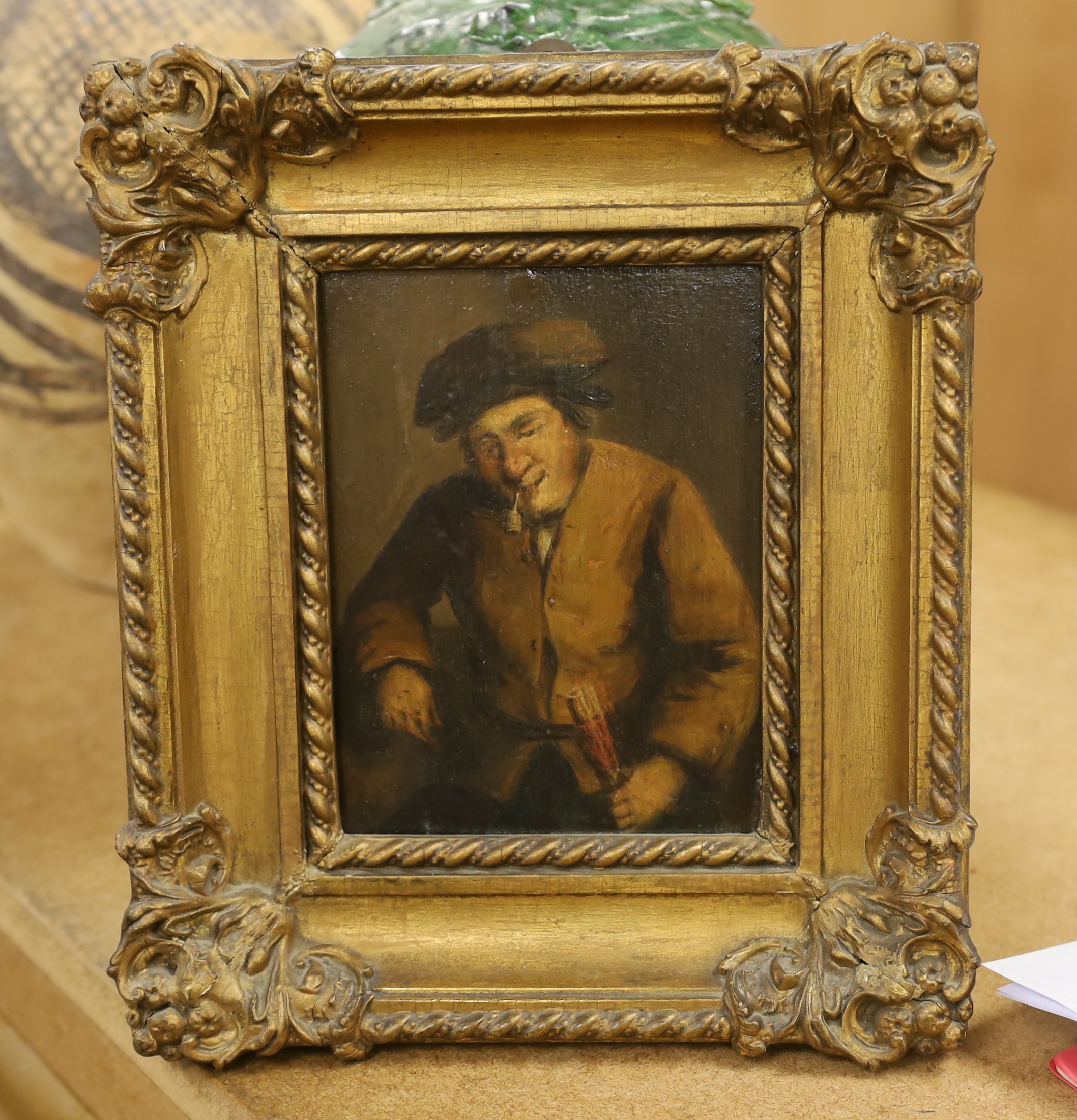 19th century Dutch School, oil on panel, Study of a pipe smoker, unsigned, 17 x 13cm, ornate gilt framed
